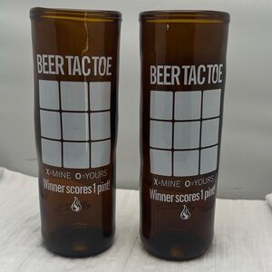 Set of 2 Amber Glasses with Tic-Tac-Toe Label One Pint Made in Canada